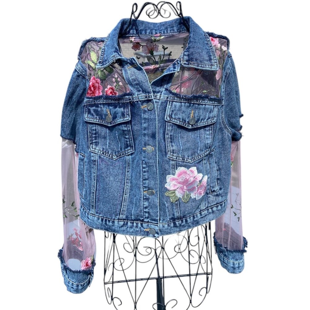 Custom Jean Jacket with Inlayed Embroidered Mesh Sz L NWT